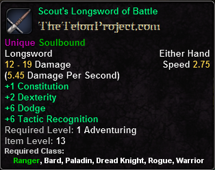 In-game tooltip for Scout's Longsword of Battle