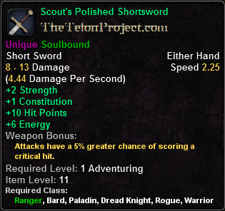 In-game tooltip for Scout's Polished Shortsword