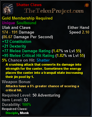 In-game tooltip for Shatter Claws