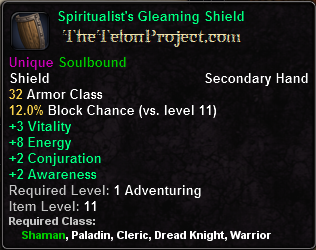In-game tooltip for Spiritualist's Gleaming Shield