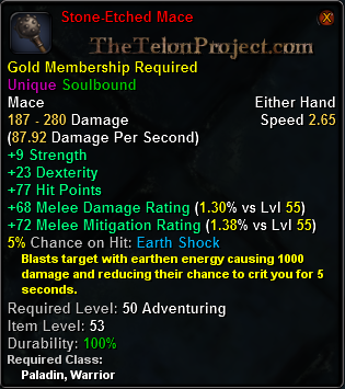 In-game tooltip for Stone-Etched Mace