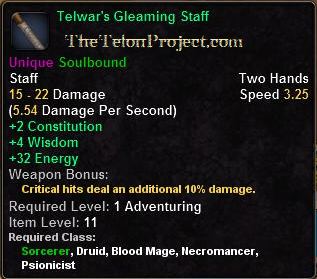 In-game tooltip for Telwar's Gleaming Staff