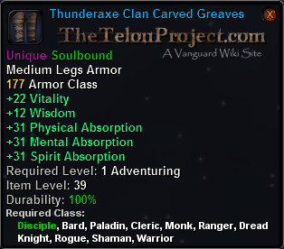 In-game tooltip for Thunderaxe Clan Carved Greaves