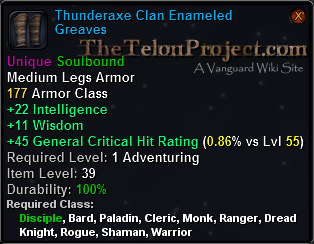 In-game tooltip for Thunderaxe Clan Enameled Greaves