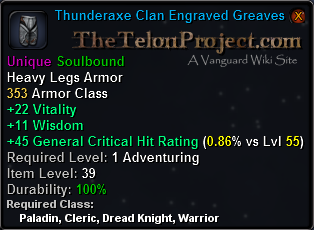 In-game tooltip for Thunderaxe Clan Engraved Greaves
