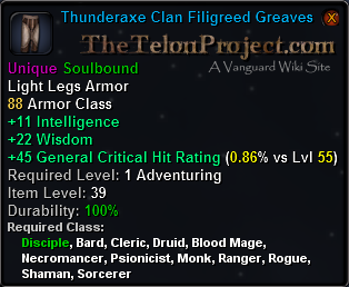 In-game tooltip for Thunderaxe Clan Filigreed Greaves