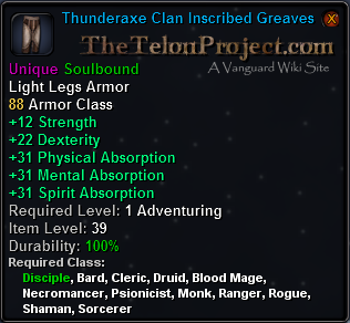 In-game tooltip for Thunderaxe Clan Inscribed Greaves