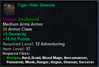 In-game tooltip for Tiger Hide Sleeves