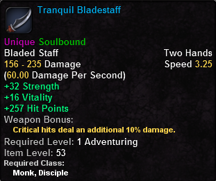 In-game tooltip for Tranquil Bladestaff