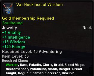 In-game tooltip for Var Necklace of Wisdom