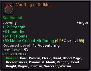 In-game tooltip for Var Ring of Striking