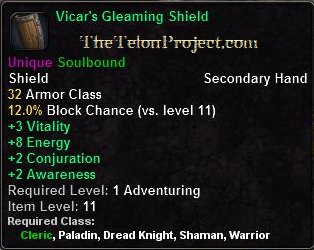 In-game tooltip for Vicar's Gleaming Shield