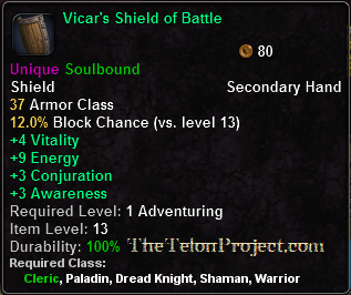 In-game tooltip for Vicar's Shield of Battle