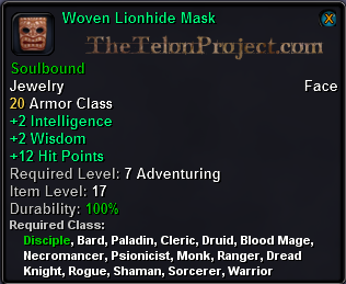 In-game tooltip for Woven Lionhide Mask