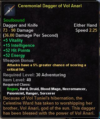 In-game tooltip for Ceremonial Dagger Of Vol Anari