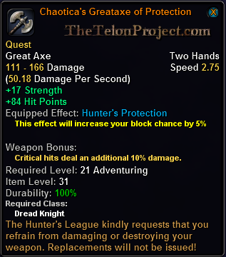 In-game tooltip for Chaotica's Greataxe Of Protection
