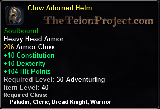In-game tooltip for Claw Adorned Helm