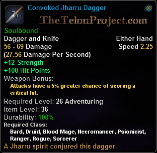 In-game tooltip for Convoked Jharru Dagger