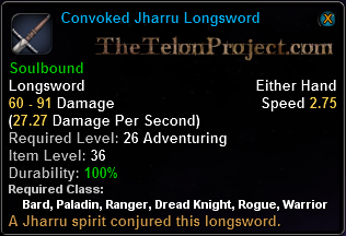 In-game tooltip for Convoked Jharru Longsword