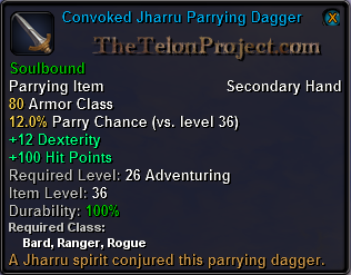 In-game tooltip for Convoked Jharru Parrying Dagger
