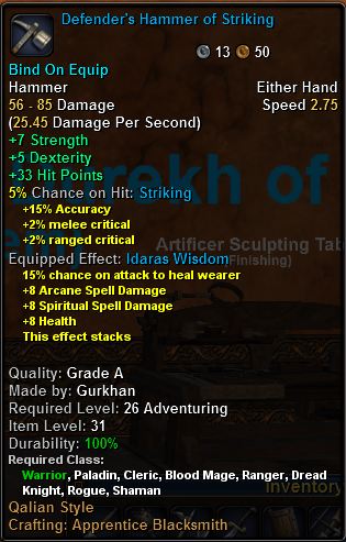 In-game tooltip for Defender's Hammer Of Striking