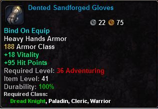 In-game tooltip for Dented Sandforged Gloves
