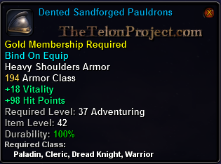 In-game tooltip for Dented Sandforged Pauldrons