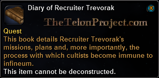 In-game tooltip for Diary Of Recruiter Trevorak