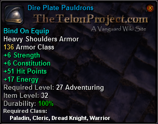 In-game tooltip for Dire Plate Pauldrons