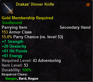 In-game tooltip for Drakas' Dinner Knife