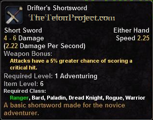In-game tooltip for Drifter's Shortsword