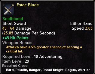 In-game tooltip for Estoc Blade