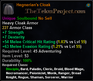 In-game tooltip for Hegnerians Cloak dps