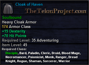 In-game tooltip for Cloak of Haven dex
