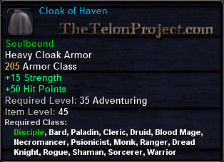 In-game tooltip for Cloak of Haven str