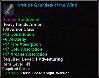 In-game tooltip for Arshia's Gauntlets of the Wind
